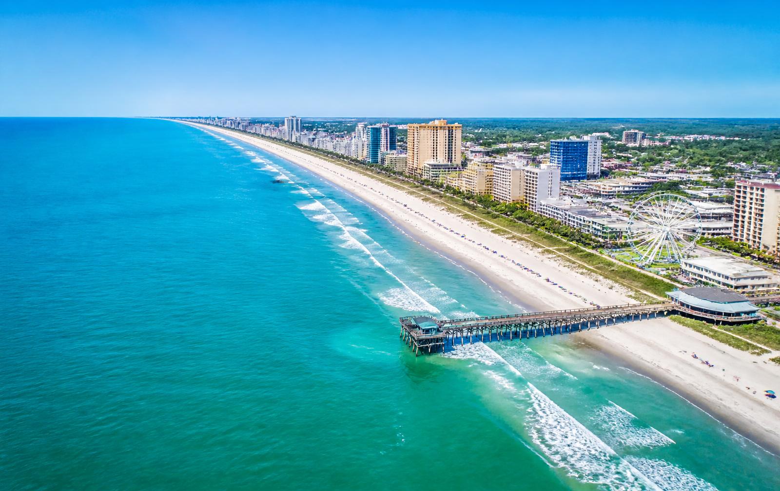 Aerial view of the Myrtle Beach, South Carolina coastline and beachfront resorts